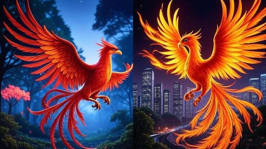 Dual phoenix scene in Hogwarts and modern cityscape, symbolizing its role in Harry Potter and pop culture. 