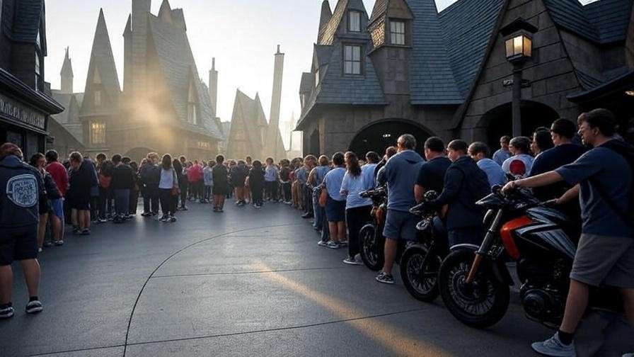 Early morning queue at Hogsmeade for Hagrid’s Motorbike Adventure, showing the best time to enjoy the Harry Potter ride. 