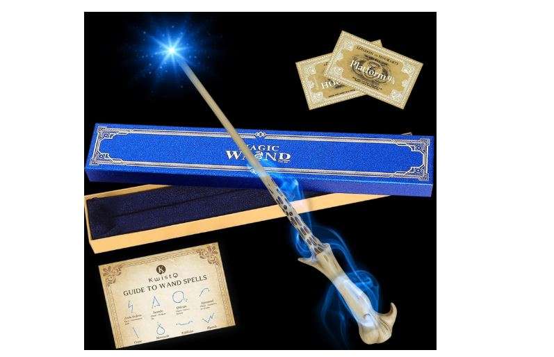 Kwistq Magic Wand Light Up Rechargeable Toy Wizard Cosplay Accessory with Spell Guide and Magic Ticket and Gift Box for Halloween Christmas Birthday Party.