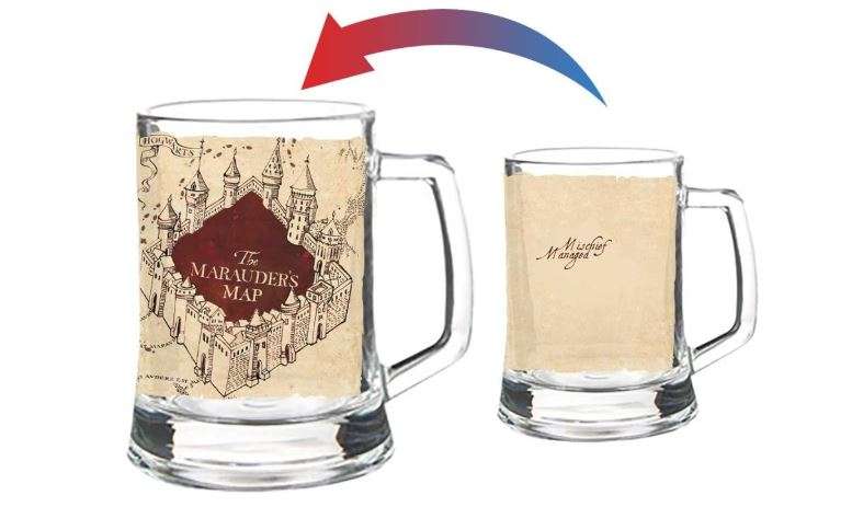 Harry Potter – Marauder’s Map – Mischief Managed Quote - 16 oz Pint Size Glass Morphing Mugs Color Changing Clue Mug – Full Image Revealed When COLD Liquid...