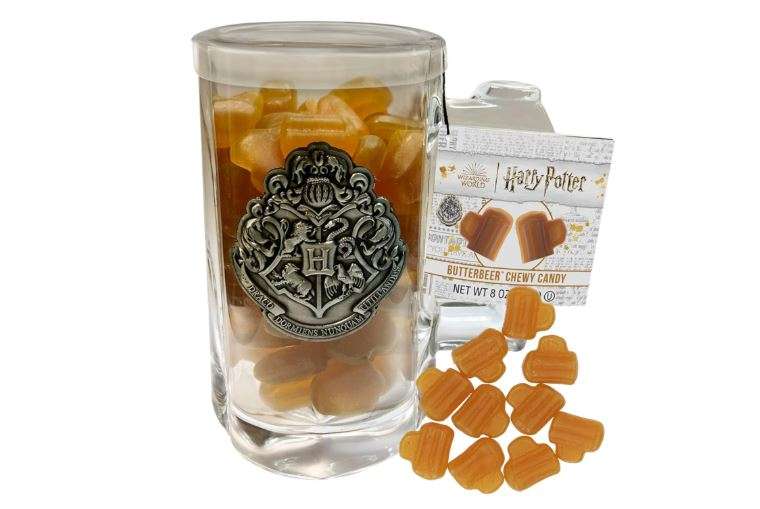 Jelly Belly Harry Potter Glass Mug with Butter Beer Chewy Candies, Butterscotch Flavored Classic Movie Inspired Candy, 8 Ounce Glass