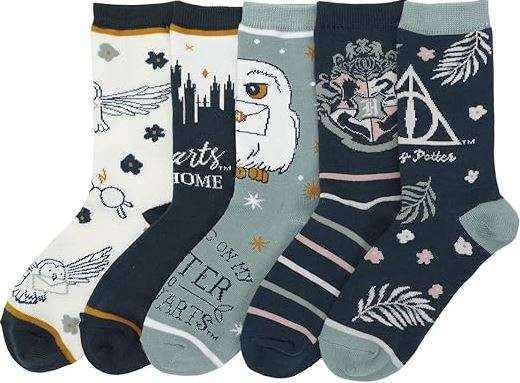 CUSTOM DESIGN: Embrace the enchanting world of Harry Potter with this set of crew socks featuring captivating designs of Hedwig, the golden snitch, the Hogwarts skyline, an owl with a letter, the Hogwarts crest, and the deathly hallows symbol.