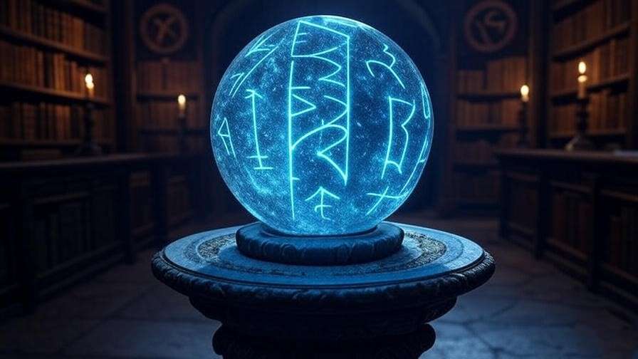 A glowing witchcraft ball artifact on a pedestal in a Hogwarts chamber, surrounded by books and mystical symbols, inspired by Harry Potter.