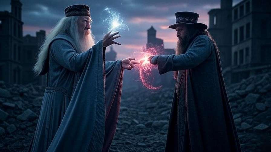 Dumbledore dueling Grindelwald with colorful spells in a ruined cityscape.