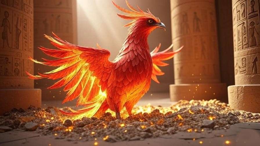 Ancient Egyptian phoenix rising from ashes in a temple, symbolizing rebirth and immortality. 