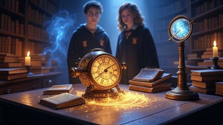 Cinematic scene of a Time-Turner in a Hogwarts library, symbolizing plot holes in Harry Potter books, with Harry and Hermione faintly visible in a magical aura.