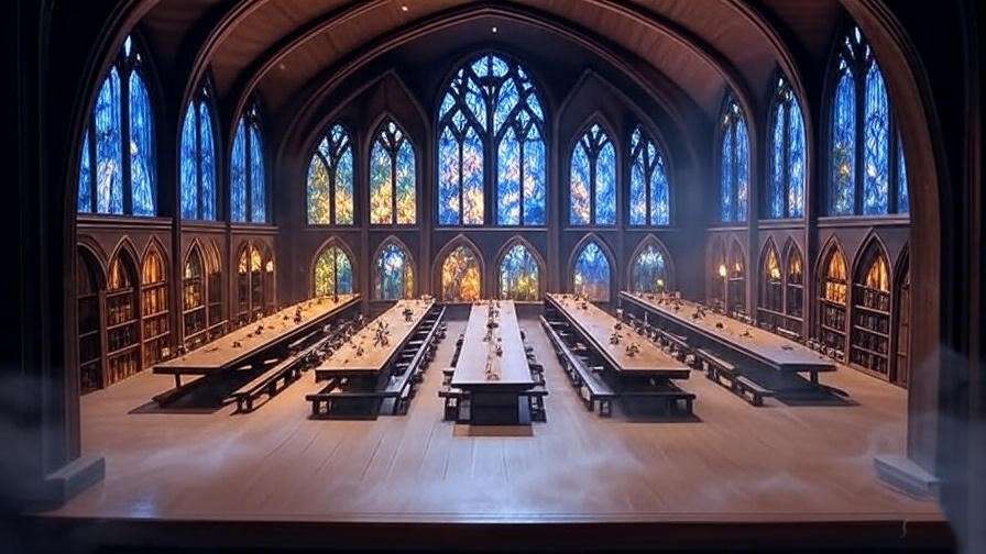 A lighted Hogwarts Great Hall miniature from the Department 56 Harry Potter Collection, displayed with a magical glow, inspired by Harry Potter films. 