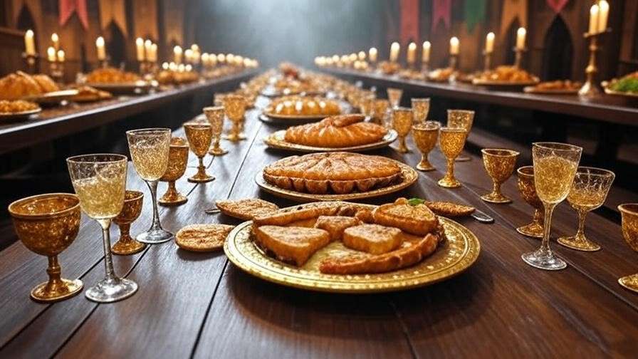 A Great Hall-style feast table with Pumpkin Pasties, Treacle Tart, and house banners, illuminated by candlelight for a Harry Potter party.