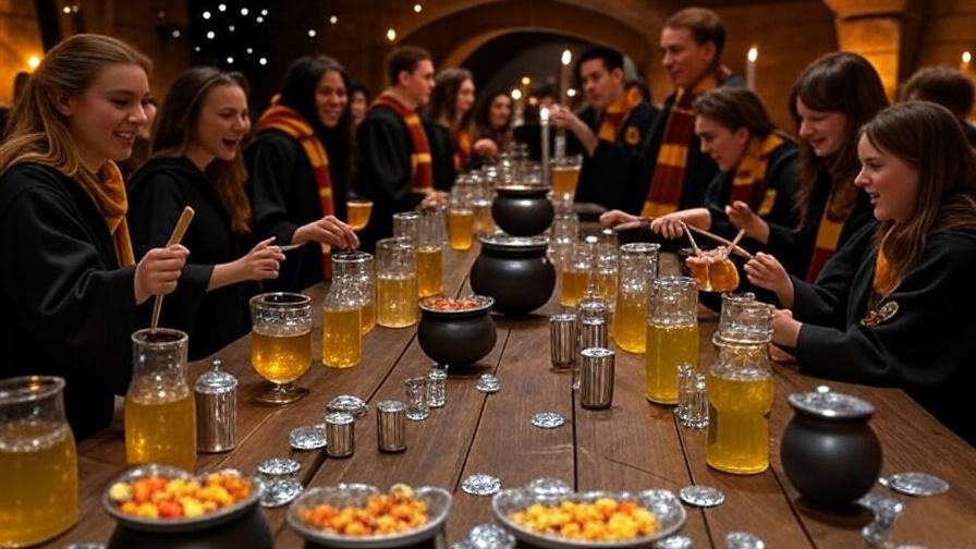 A vibrant Harry Potter potion-making party with guests in house robes stirring golden mocktails in vials, set in a magical room with silver candles and starry decor. 