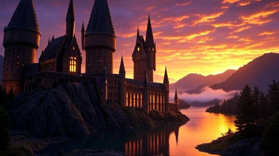 Aerial view of Hogwarts Castle at dusk, glowing with warm lights against a vibrant sunset, capturing the magical essence of the HBO Harry Potter series.