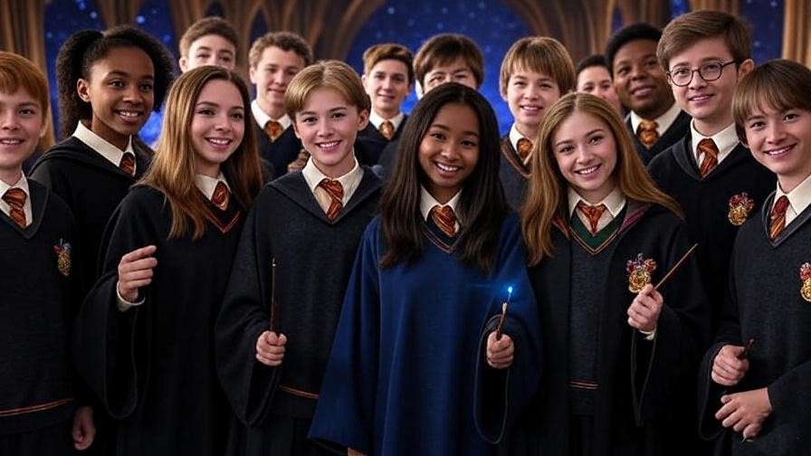 Diverse young Hogwarts students in uniforms in the Great Hall, representing the new cast for the Harry Potter HBO series.