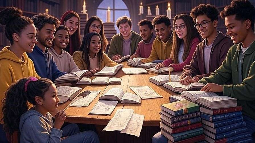 Illustration of Harry Potter fans discussing book errors in a magical library, showcasing fandom engagement with errors in Harry Potter books.