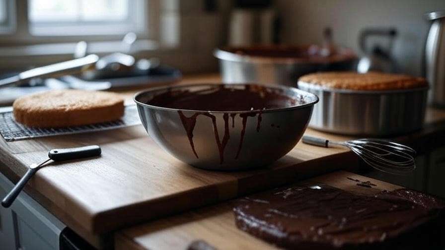 Step-by-step baking process of a Harry Potter cake with chocolate batter, cake pan, and cooled layer, featuring baking tools on a wooden surface.
