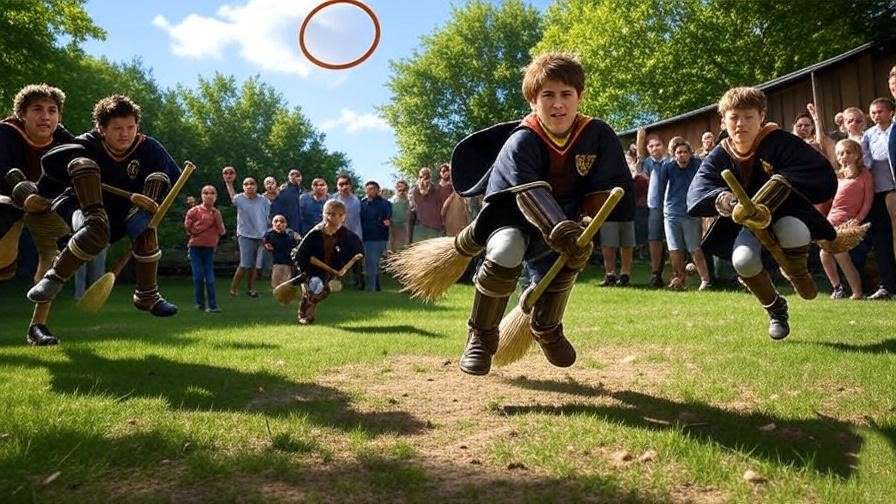 A lively backyard Quidditch game with players on broomsticks and cheering guests, adding fun to a Harry Potter party.