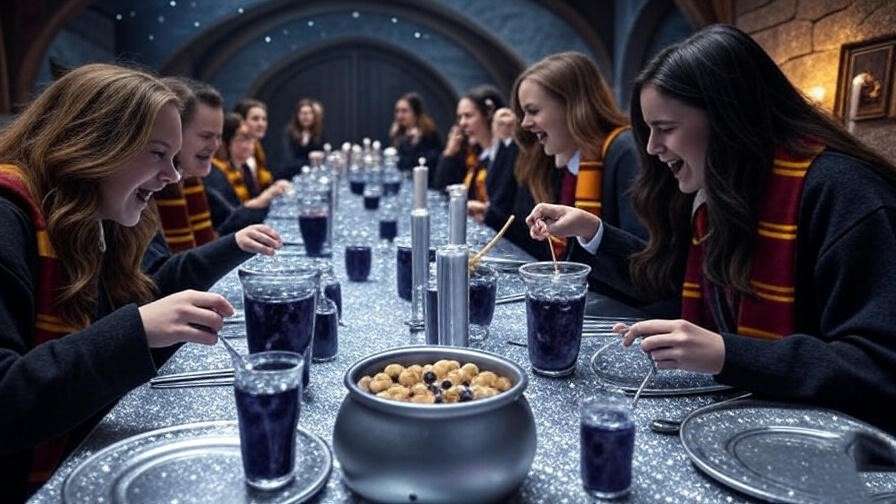 A lively Harry Potter-themed potion-making party with guests mixing blueberry mocktails, surrounded by silver candles and cauldron decor, inspired by the Draught of Peace. 