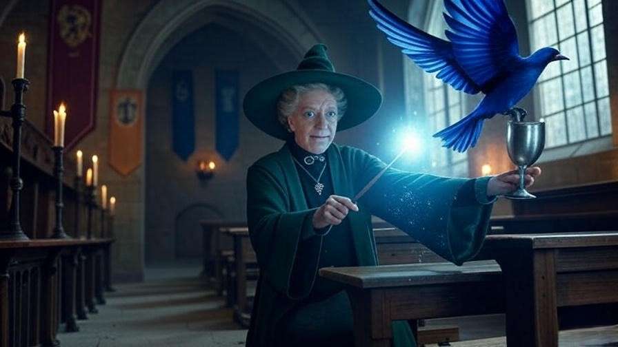 Professor McGonagall casting the spell of water goblet Vera Verto in a Hogwarts classroom, transforming a goblet into a bird. 
