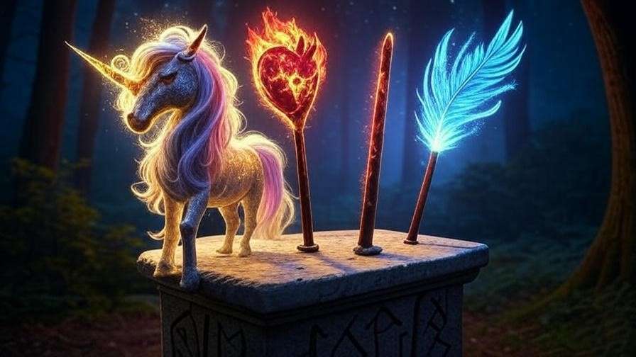 Magical wand cores—unicorn hair, dragon heartstring, and phoenix feather—glowing above a stone pedestal, representing **wizardry wands** in Harry Potter. 