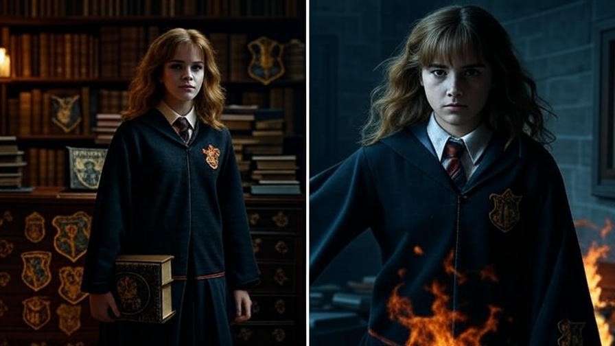 Split-screen image of Hermione Granger in a book-inspired Hogwarts common room versus a simplified film scene, highlighting errors in Harry Potter book-to-movie adaptations.