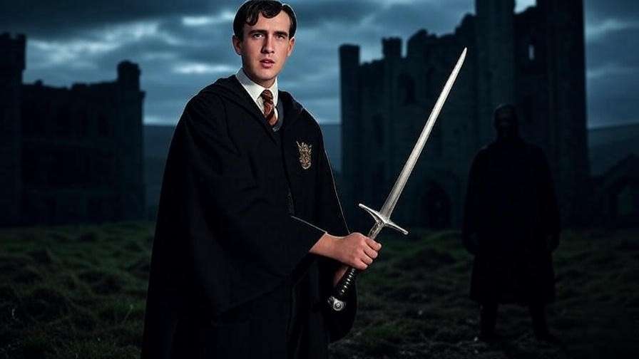 Neville Longbottom bravely facing Voldemort with the Sword of Gryffindor.