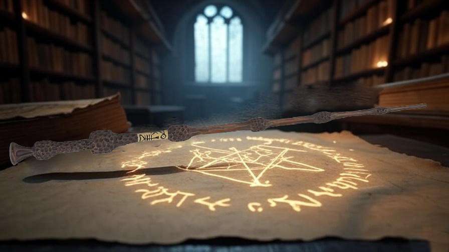 Illustration of the Elder Wand on an ancient parchment with glowing runes, set in a medieval library, symbolizing its historical significance in the Harry Potter universe. 