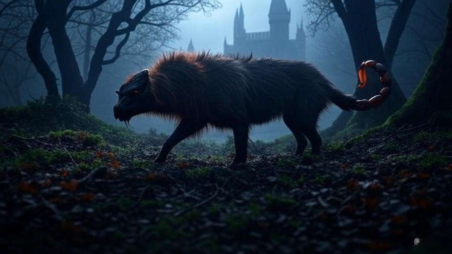 Manticore prowling in the Forbidden Forest near Hogwarts, showcasing its role in Harry Potter.