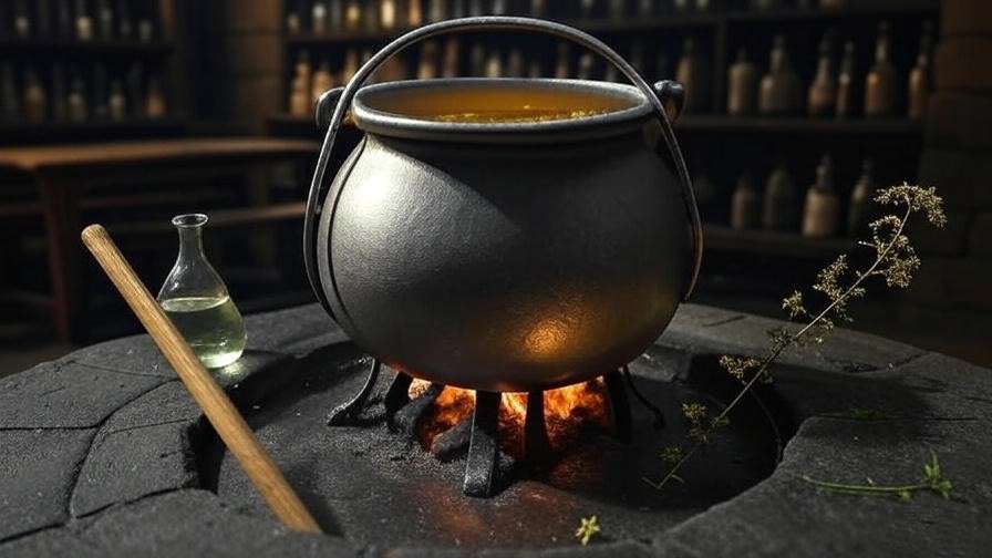 A pewter cauldron simmers with a golden **liquid spell** like Felix Felicis in a Hogwarts classroom, surrounded by tools and potion bottles in a mystical setting.