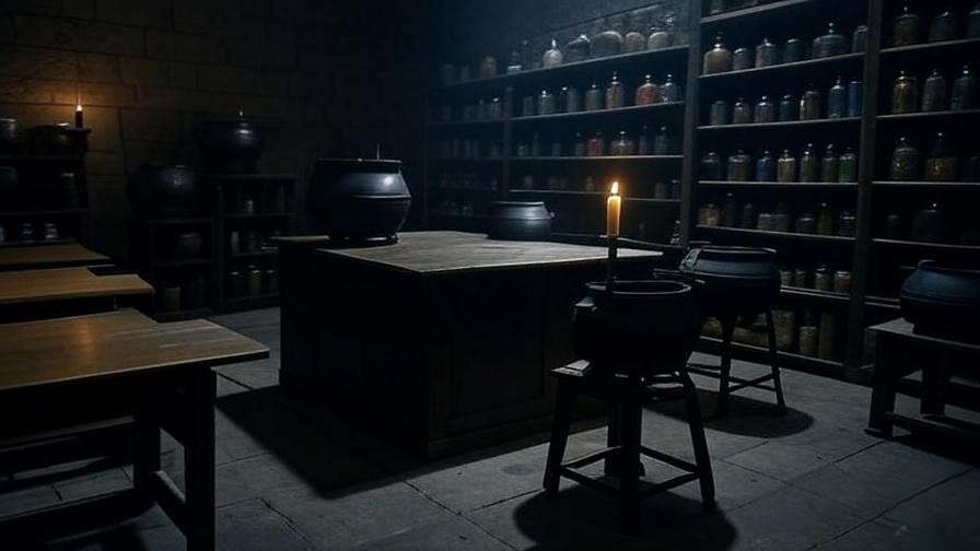 A dimly lit Hogwarts Potions classroom with bubbling cauldrons and a candlelit desk, evoking Severus Snape’s teaching environment in Harry Potter. 