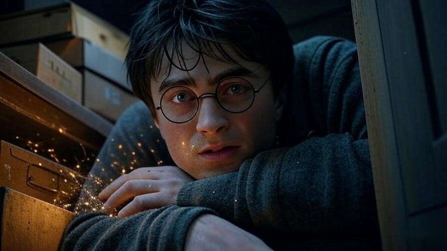 Young Harry Potter in cupboard under stairs representing childhood trauma and fear in Harry Potter series 