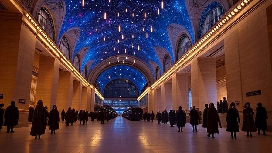 Magical Grand Central Terminal Main Concourse with starry ceiling and Hogwarts house colors, featuring cosplayers and Hogwarts Express platform.