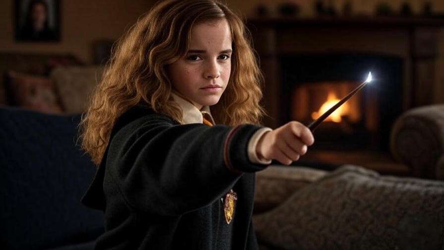 Hermione casting memory charm with family photo in background.