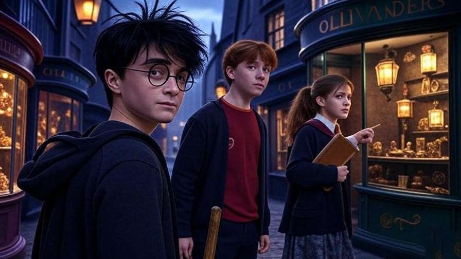 New Harry Potter TV series cast exploring Diagon Alley, featuring young actors in a vibrant magical setting.
