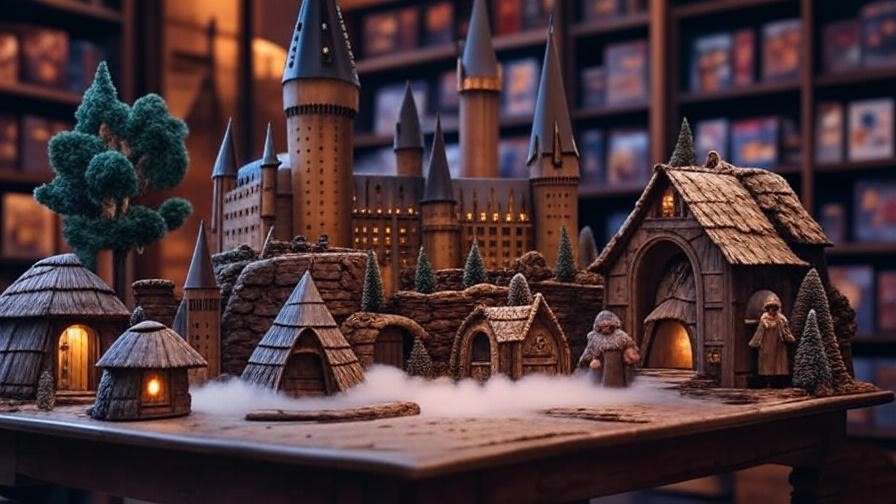 A magical display of Department 56 Harry Potter Collection with Hogwarts Castle and Hagrid’s Hut, enhanced by LED lights and fog effects. 
