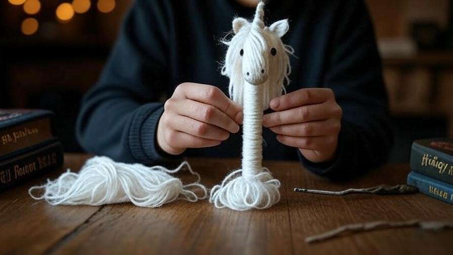 DIY wand crafting with unicorn hair core, Harry Potter fan project.