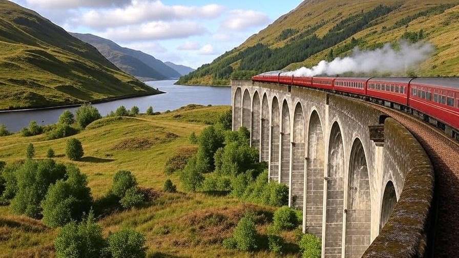 Hogwarts Express crossing Glenfinnan Viaduct in Scottish Highlands, with scarlet train, stone arches, and lush green landscape. 