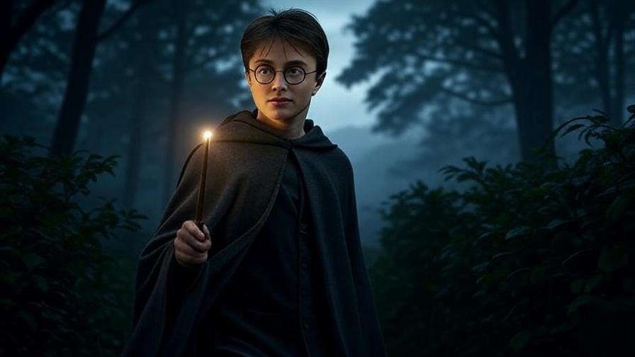 Harry Potter walking into the Forbidden Forest with glowing wand, symbolizing heroic sacrifice.