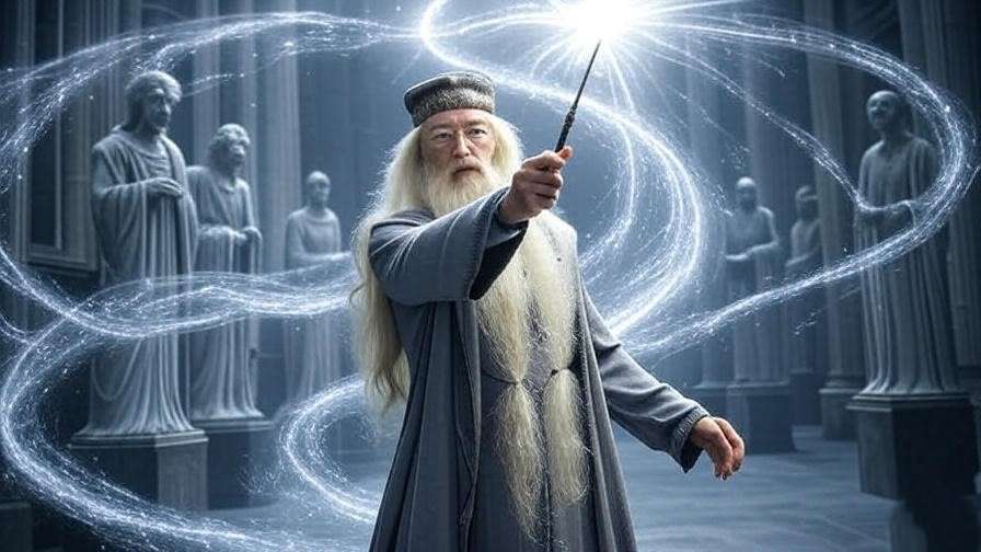 Albus Dumbledore casting a powerful spell with the Elder Wand in the Ministry of Magic, surrounded by glowing magical energy, from Harry Potter. 