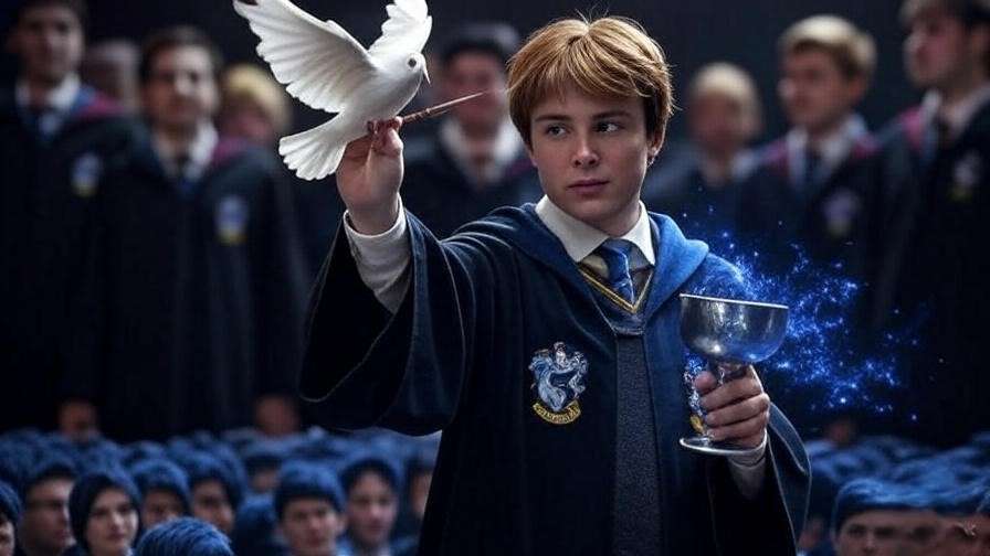 Ravenclaw cosplayer performing the spell of water goblet Vera Verto at a Chicago convention, transforming a goblet into a dove. 
