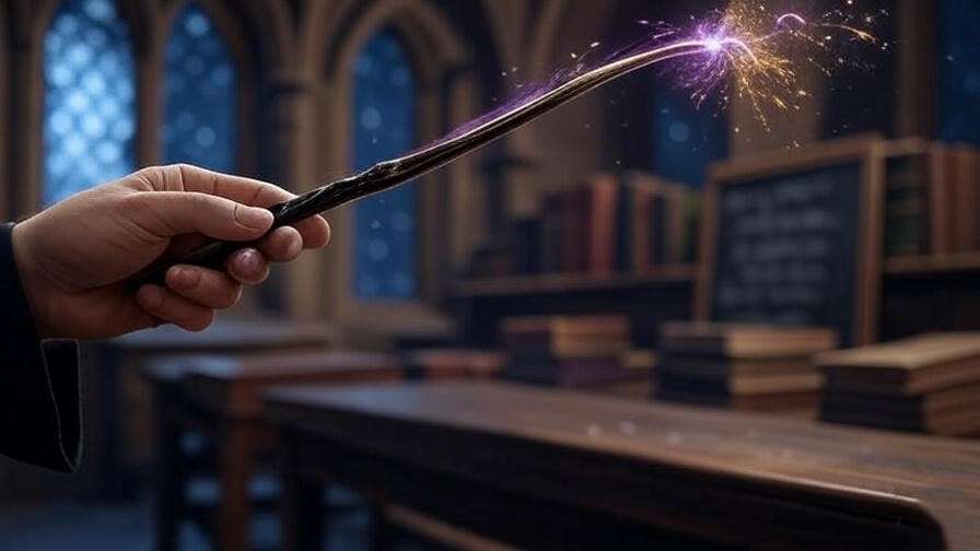Wizard casting a spell with a flexible wand in a Hogwarts classroom, showcasing the magic of **wizardry wands** in Harry Potter. 