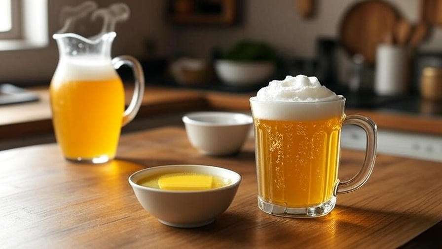 Step-by-step process of making butterscotch beer with cream soda, butter, and whipped cream topping.