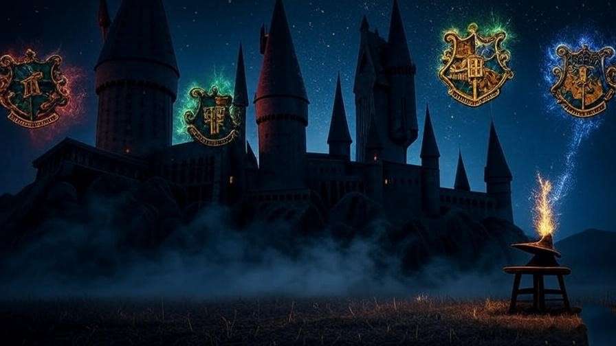 Glowing magical family crests representing iconic Hogwarts witch surnames, set against a starry night sky, symbolizing heritage and diversity. 