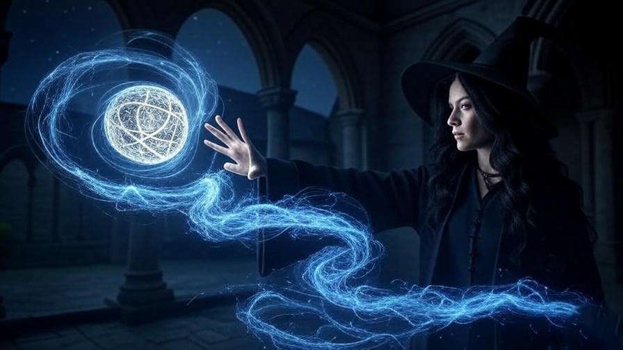 A witch casting a spell with a glowing witchcraft ball artifact in a Hogwarts courtyard, showcasing Harry Potter magic.
