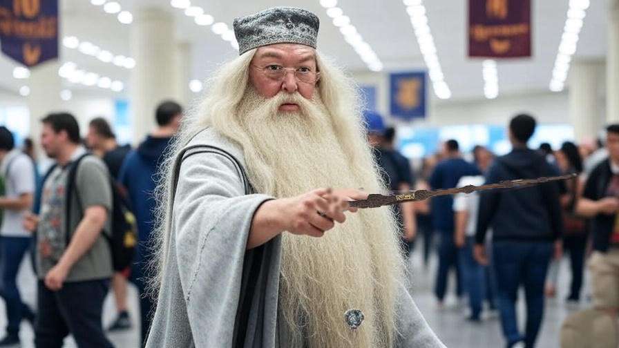Cosplayer dressed as Albus Dumbledore holding an Elder Wand replica at a Harry Potter convention, surrounded by fans and Hogwarts banners. 