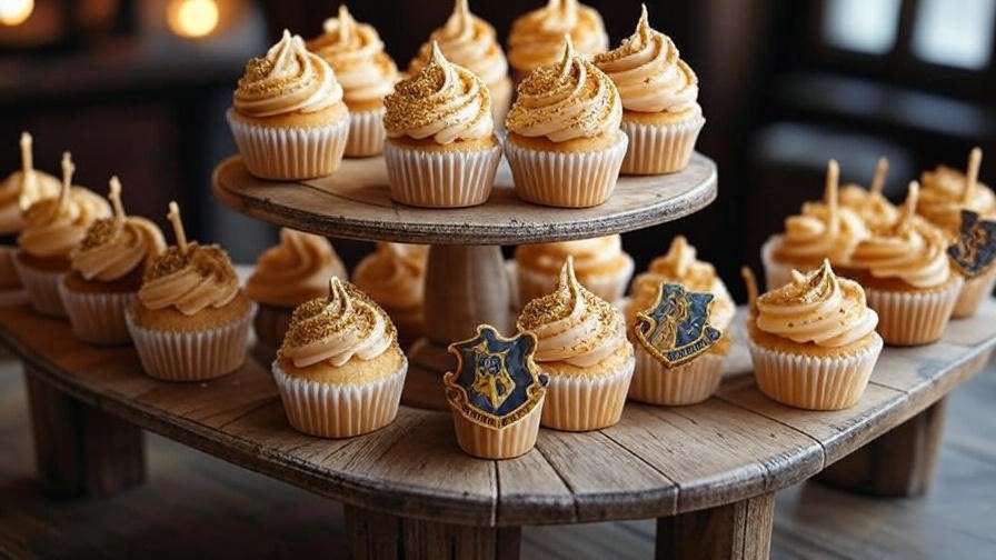 Butterbeer cupcake tower Harry Potter birthday cake with butterscotch frosting and edible Hogwarts-themed toppers.