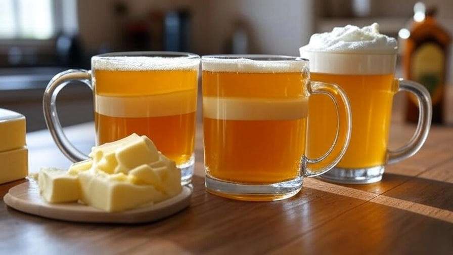 Comparison of separated and perfectly mixed butterscotch beer mugs with ingredients on the side.