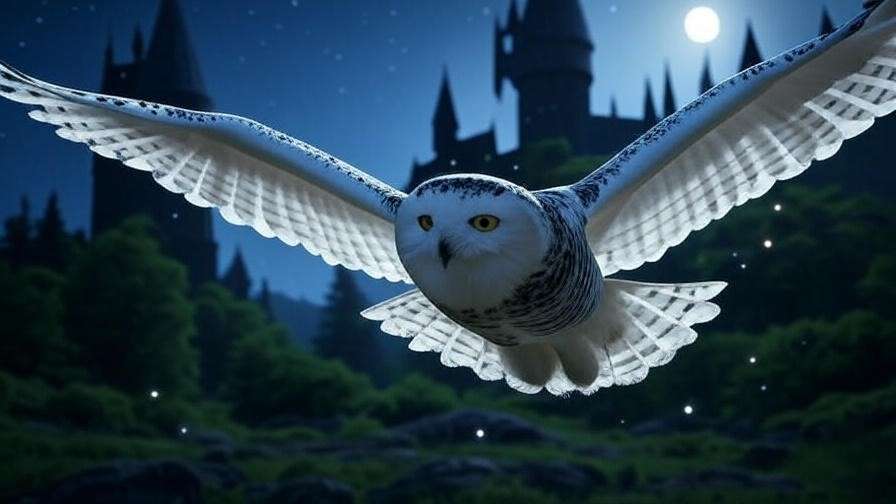 Fan art of Hedwig, a Snowy Owl, flying over moonlit Hogwarts with Harry’s silhouette, honoring her legacy in Harry Potter. 