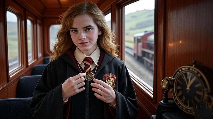 Hermione Granger cosplayer with Time-Turner necklace in Hogwarts Express compartment, wearing Gryffindor robe and tie.