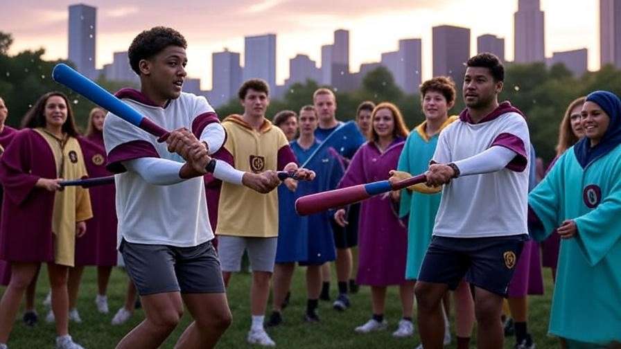 Chicago Quidditch league Beaters training with foam bats in Lincoln Park against a sunset skyline.