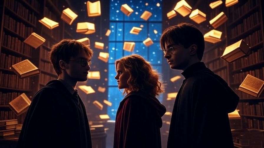 Illustration of a magical library with floating books and silhouettes of Harry Potter characters, highlighting JK Rowling’s character development. 