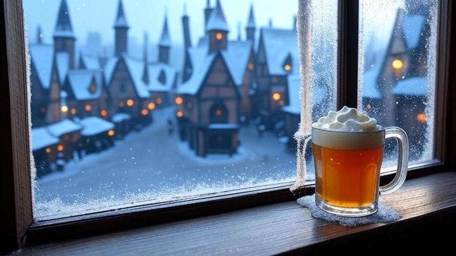 Hogsmeade village view with a steaming mug of hot butterscotch beer on a windowsill.