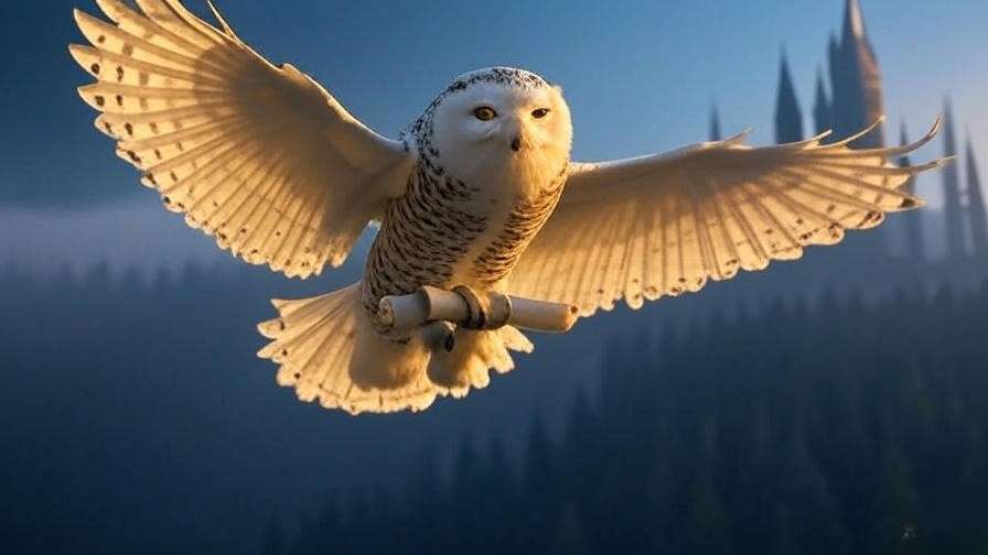 Hedwig, a Snowy Owl, flying with a letter over a magical forest toward Hogwarts in Harry Potter. 